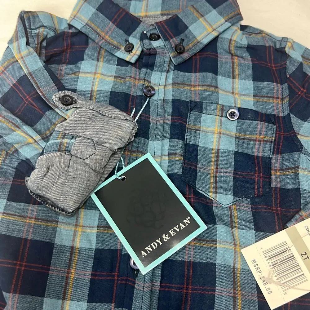 Andy and Evan Plaid Button Front shirt 2T NWT Navy